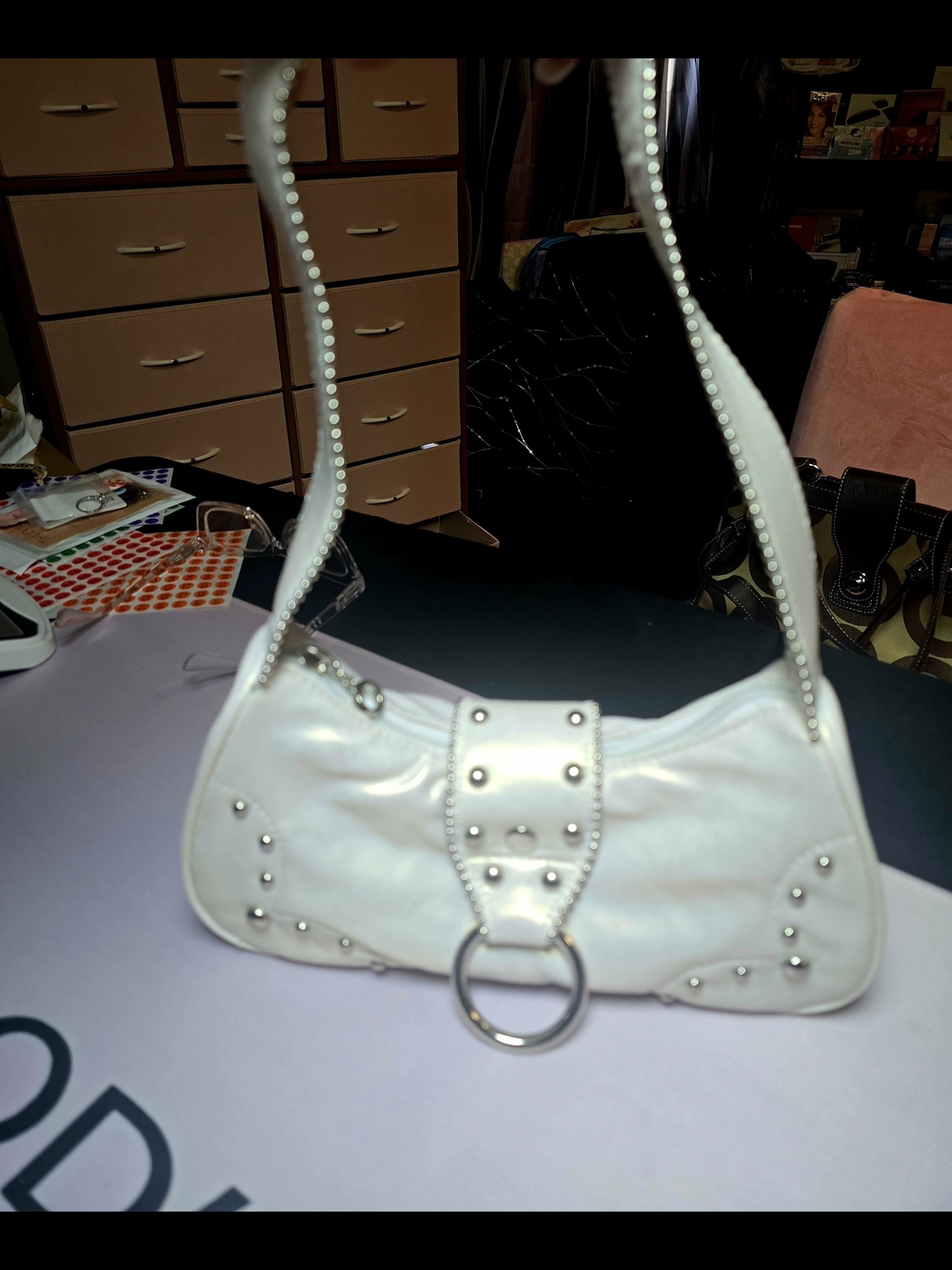 Pearl White Studded Shoulder Bag with Ring Accent